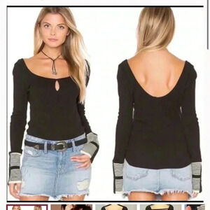Free People Black Long Sleeve Top with Striped Cuffs